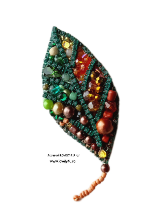 Frunza eleganta - brosa model unicat cu cristale, perle, pietre unakit, jad , handmade in Romania , mesaj pe verso YOU ARE BEAUTIFUL, Believe in Yourself, L 7 cm [1]