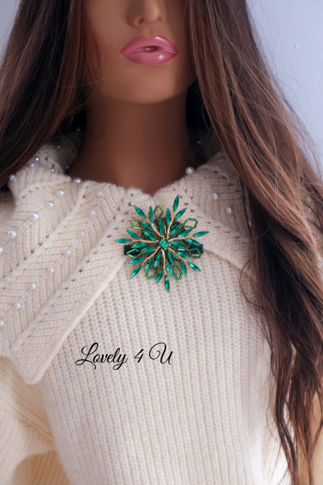 BROSA FULG DE NEA, BROSA VERDE, AGRAFA PAR FULG, ACCESORII VERZI,  BROSA FULG, BROSA PIETRICELE, BOSE DAMA, BROSA FEMEI, CADOU DEOSEBIT, CADOU SPECIAL, CADOU DE CRACIUN, CADOU UNICAT, BIJUTERII DE CRACIUN, ACCESORII LOVELY 4 U, PIETRICELE,AUR,FULG [5]