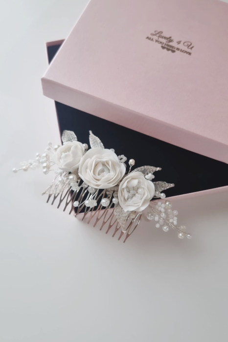 GLORY – Pieptene Mireasă cu Flori Handmade, Perle și Cristale | Accesoriu Romantic / diadema eveniment Bridal [4]