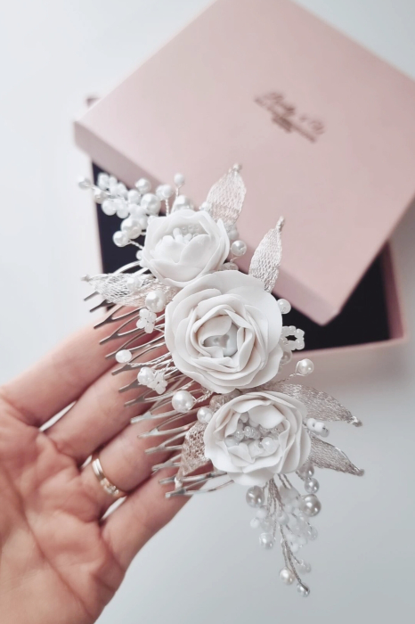GLORY – Pieptene Mireasă cu Flori Handmade, Perle și Cristale | Accesoriu Romantic / diadema eveniment Bridal [6]