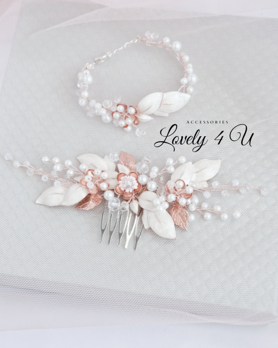 2023, accesorii mireasa, accesoriu pentru par, tiara, coronita, diadema, lovely 4 u, bijuterii rose gold, coronita mireasa, coronita cu perle, tiara cu perle  frunze, mireasa, nunta, pieptene mireasa, rose gold [3]