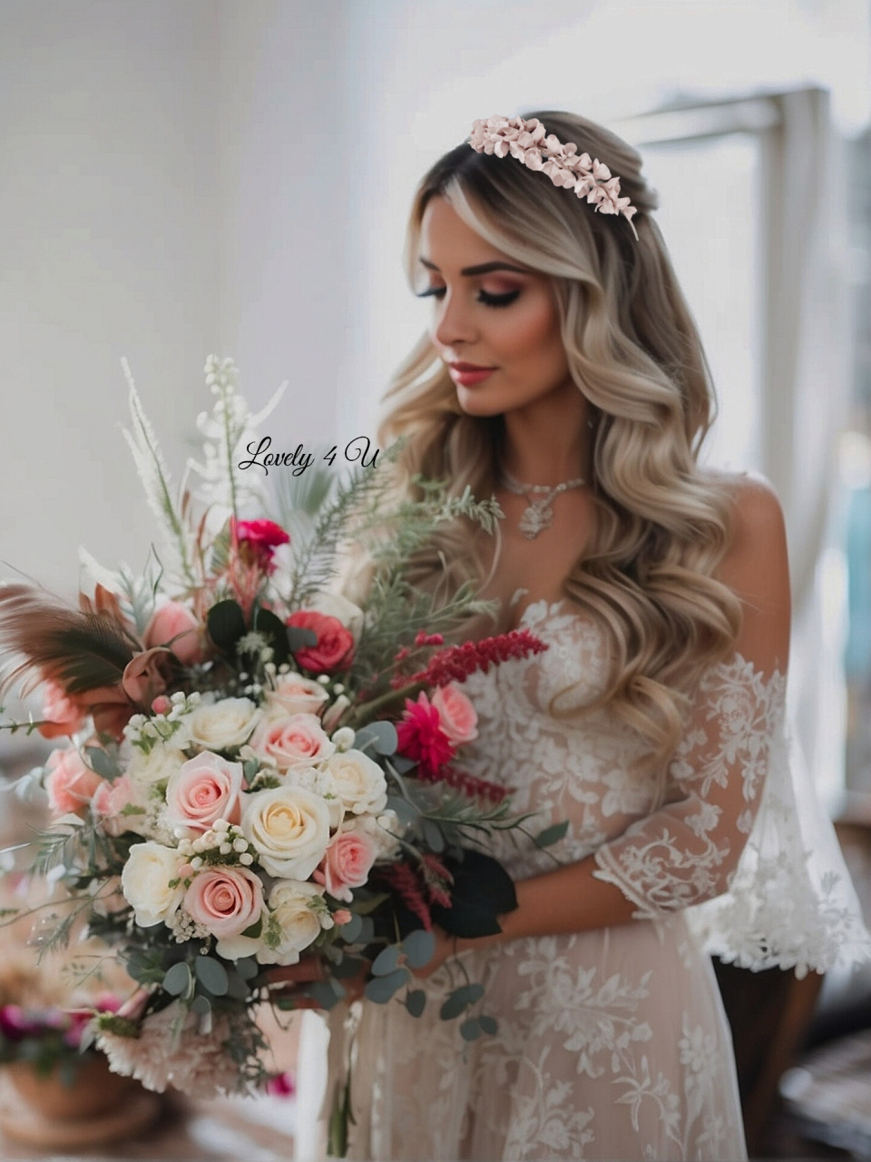 Diadema mireasa cu flori Lovely 4 U, Tiara cu flori, Tiara mireasa cu flori, coronițe cu flori mireasa, bijuterii mireasa, diadema mireasa cu flori roz, Tiara, coronițe mireasa 2023, flori polimer, Flori portelan [13]