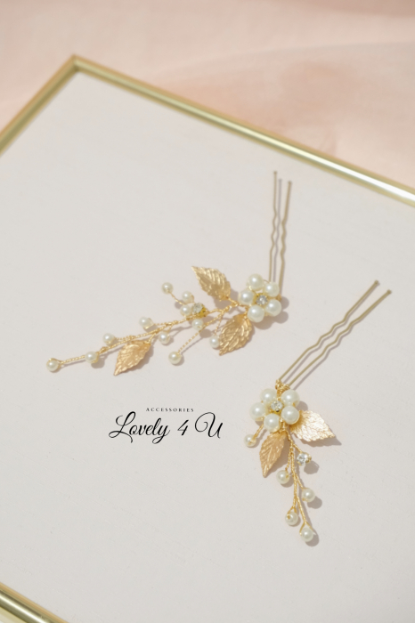 ACCESORIU DE PAR CU PERLE, accesoriu mireasa, diadema aurie, diadema mireasa, diadema nunta, FRUNZE AURII, nunta, pieptene mireasa, Accesorii LOVELY 4 U, Agrafe coc mireasa, Accesorii coc mireasa, AUR [3]