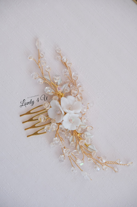 Agrafă par mireasa, Accesorii mici mireasă, Accesoriu mic de par, Diadema mireasa, Diadema cu flori, pieptan mic mireasă, Pieptan voal mireasa,Flori cireș, Diademe cristale, Frunzulițe, Bijuterii, [6]
