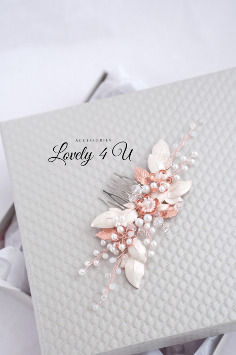 2023, accesorii mireasa, accesoriu pentru par, tiara, coronita, diadema, lovely 4 u, bijuterii rose gold, coronita mireasa, coronita cu perle, tiara cu perle  frunze, mireasa, nunta, pieptene mireasa, rose gold [5]