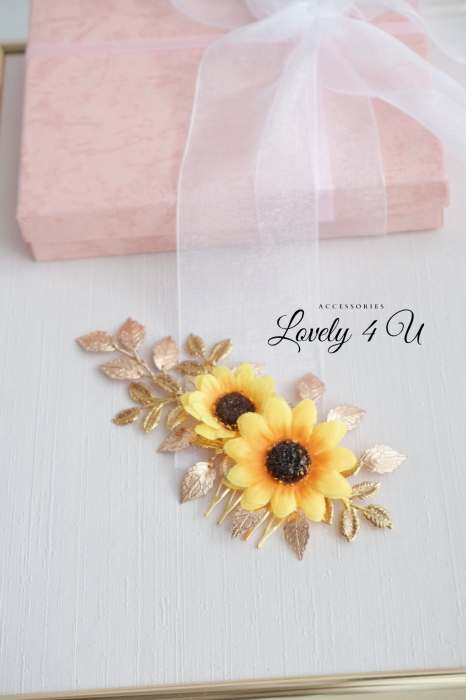 accesoriu floarea soarelui, bijuterii floarea soarelui, accesoriu mic auriu cu frunze pentru mirese, accesorii lovely 4 u, bijuterii cu frunze, buchet mireasa  floarea soarelui, coafuri si diadema mireasa, pieptan voal mireasa, accesorii pentru mirese, accesorii de par cununie civila [9]