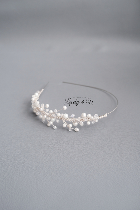 Accesorii LOVELY 4 U, Coronita mireasa, coroniță asimetrica, Diadema mireasa, Diadema par cu perle, Tiara mireasa, Bijuterii nuntă mireasă, [2]