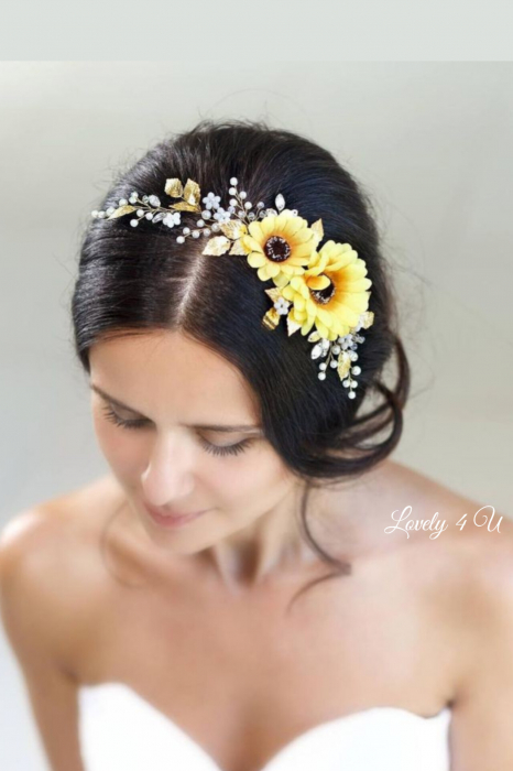 Accesorii cu floarea soarelui, Bijuterii floarea soarelui, diademe cu flori, accesorii handmade, PIEPTAN MIREASA, DIADEMA MIREASA, ACCESORIU PAR MIREASA, ACCESORII DE PAR MIRESE, ACCESORII NUNTA, ACCESORII CU PERLE, DIADEMA CU PERLE, PIEPTAN VOAL MIREASA, BIJUTERII PAR MIREASA, [11]