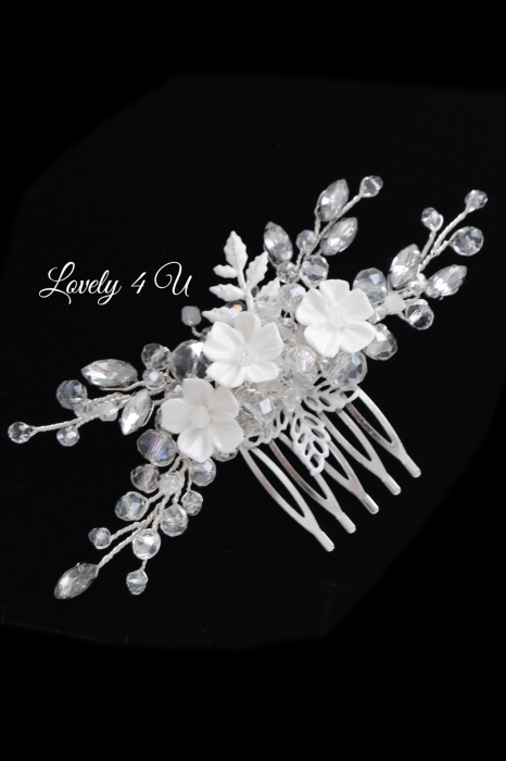 Agrafa coc mireasa, agrafa cu pietricele, diadema mireasa, accesorii de par pentru mirese, Accesorii LOVELY4U, Bijuterii mireasa, Diadema mireasa, tiara cu flori, diadema cu flori, pieptan mic mireasa [14]