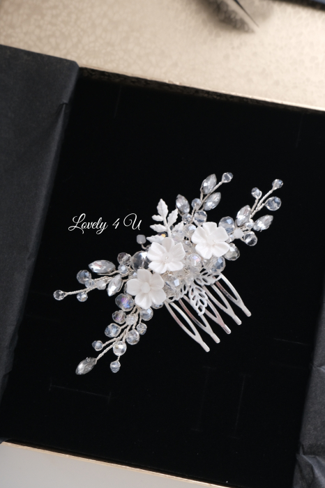 Agrafa coc mireasa, agrafa cu pietricele, diadema mireasa, accesorii de par pentru mirese, Accesorii LOVELY4U, Bijuterii mireasa, Diadema mireasa, tiara cu flori, diadema cu flori, pieptan mic mireasa [6]