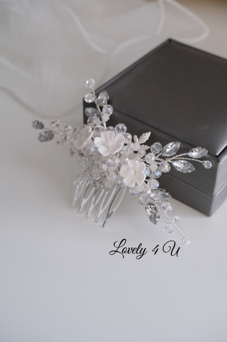 Agrafa coc mireasa, agrafa cu pietricele, diadema mireasa, accesorii de par pentru mirese, Accesorii LOVELY4U, Bijuterii mireasa, Diadema mireasa, tiara cu flori, diadema cu flori, pieptan mic mireasa [10]