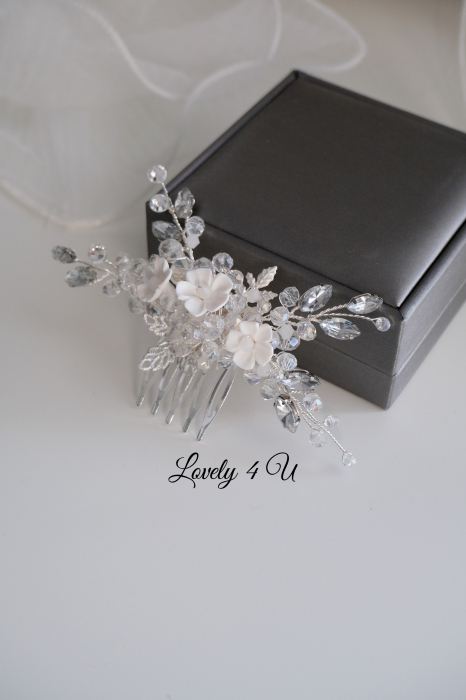 Agrafa coc mireasa, agrafa cu pietricele, diadema mireasa, accesorii de par pentru mirese, Accesorii LOVELY4U, Bijuterii mireasa, Diadema mireasa, tiara cu flori, diadema cu flori, pieptan mic mireasa [8]