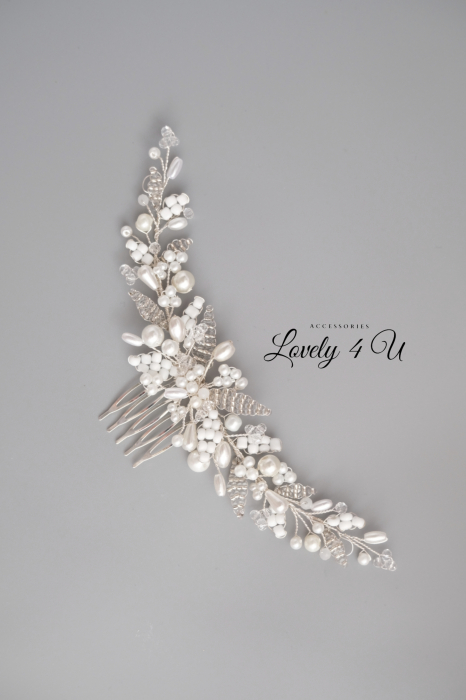 KENNEDY - Diadema mireasa argintiu cu perle albe și ivory [1]