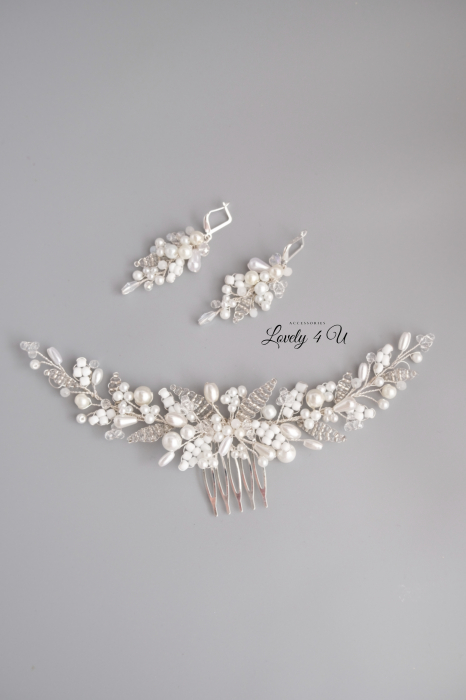 KENNEDY - Diadema mireasa argintiu cu perle albe și ivory [14]