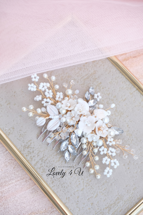 ACCESORIU BOEM MIREASA, ACCESORII LOVELY 4 U, BIJUTERII MIREASA,accesoriu coc mireasa, accesoriu păr mireasă,accesoriu par romantic, pieptene flori mireasa, DIADEMA MIREASA, pieptene auriu mireasa [9]