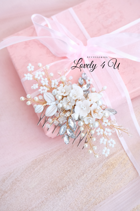 ACCESORIU BOEM MIREASA, ACCESORII LOVELY 4 U, BIJUTERII MIREASA,accesoriu coc mireasa, accesoriu păr mireasă,accesoriu par romantic, pieptene flori mireasa, DIADEMA MIREASA, pieptene auriu mireasa [12]