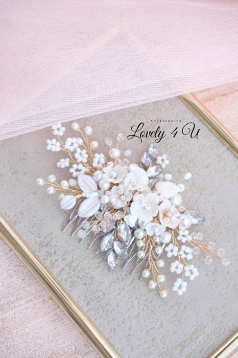 ACCESORIU BOEM MIREASA, ACCESORII LOVELY 4 U, BIJUTERII MIREASA,accesoriu coc mireasa, accesoriu păr mireasă,accesoriu par romantic, pieptene flori mireasa, DIADEMA MIREASA, pieptene auriu mireasa [10]