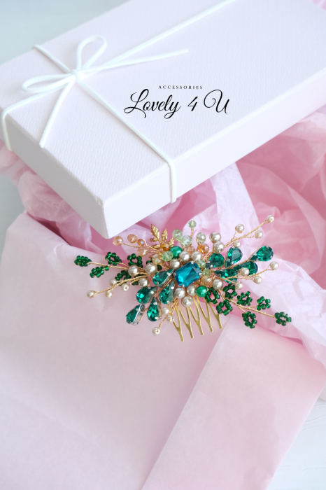 LUCY - Accesoriu pentru par elegant - Green , Accesoriu cu perle și cristale [5]