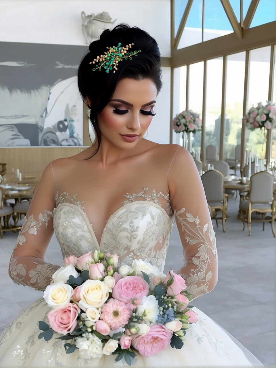 Agrafa verde, agrafa aurie, bijuterii cu nuante verzi, accesorii cu perle verzi, diadema aurie, diadema verde, pieptan nasa, accesorii de par nasa, accesorii cununie civila, accesorii domnisoare de onare, agrafa cu perle, frunze aurii, perle aurii [10]