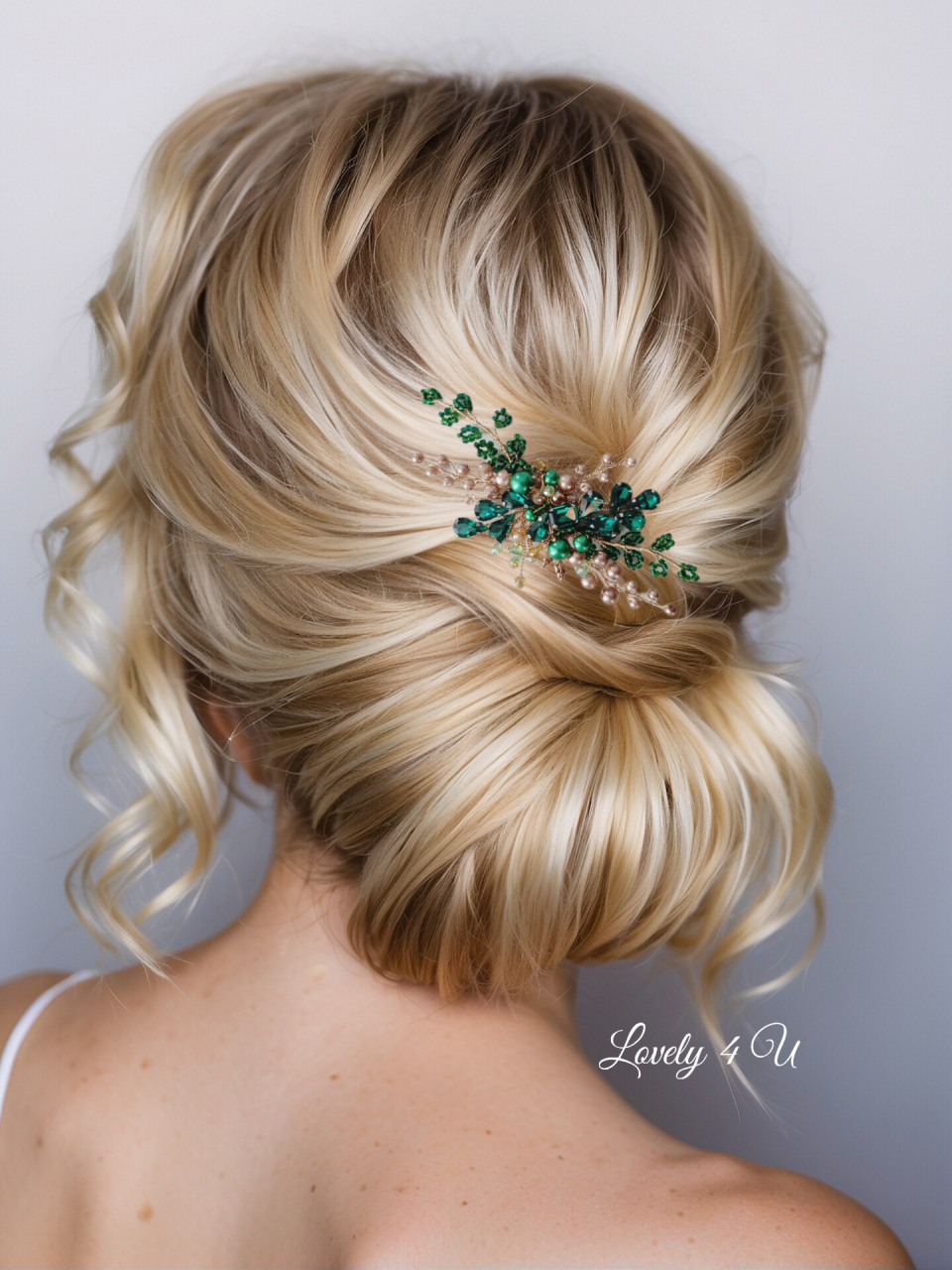 Agrafa verde, agrafa aurie, bijuterii cu nuante verzi, accesorii cu perle verzi, diadema aurie, diadema verde, pieptan nasa, accesorii de par nasa, accesorii cununie civila, accesorii domnisoare de onare, agrafa cu perle, frunze aurii, perle aurii [9]