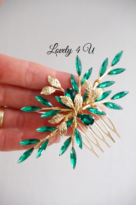 Diadema cu cristale verzi, Diadema verde, Bijuterii verzi, accesorii mireasa, pieptan mic mireasă, accesorii nașa accesoriu mic cu cristale verzi, accesorii aurii, accesorii cu frunze, accesorii stil grecesc, agrafă par Verde [5]
