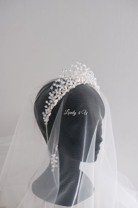 Coronita mireasa cu cristale - NOEMI  - coronita cristale transparente, alb-opal si pietre alb mat semipretioase,  baza silver argintie placata cu argint, tiara mireasa realizata manual in Romania [12]