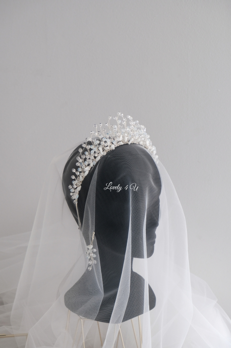 Coronita mireasa cu cristale - NOEMI  - coronita cristale transparente, alb-opal si pietre alb mat semipretioase,  baza silver argintie placata cu argint, tiara mireasa realizata manual in Romania [11]