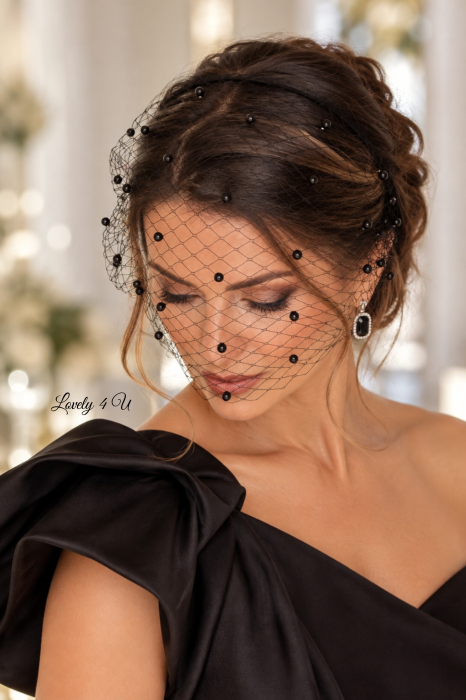 NOIRÉ – Voaletă neagră cu perle pentru nașă handmade | LOVELY 4 U [2]