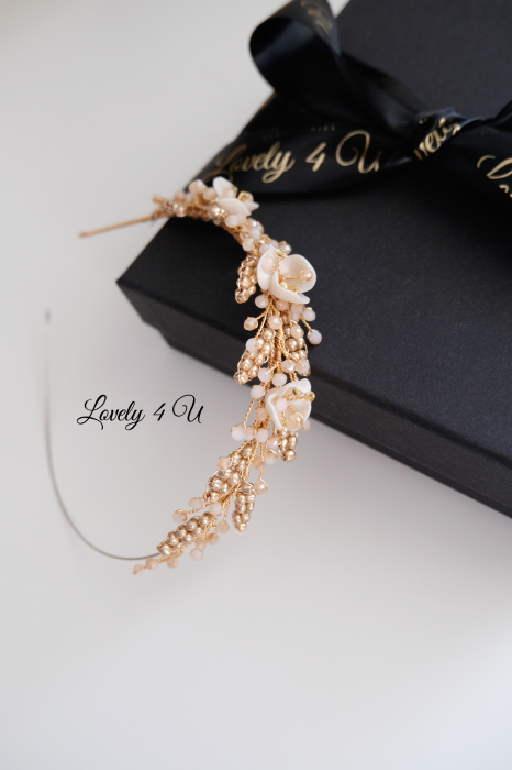 accesoriu flori mireasa, accesoriu par nunta, coronita aurie mireasa, diadema aurie mireasa, diademă boemă pentru mireasă, coronita simetrica, accesorii lovely 4 u, bijuterii mireasa, accesorii nunta [11]