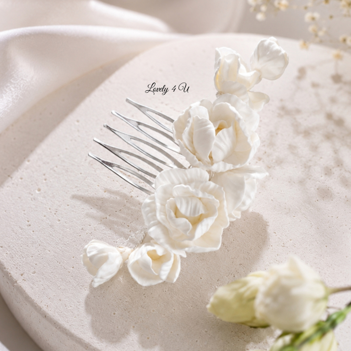 Diadema cu flori, peony accesorii, bijuterii cu flori bujori, tiara cu flori, pieptan voal mireasa cu flori, accesorii lovely 4 u , accesorii 2023, agrafa par mireasa, accesorii par nunta, accesoriu de par lateral, bijuterii [27]