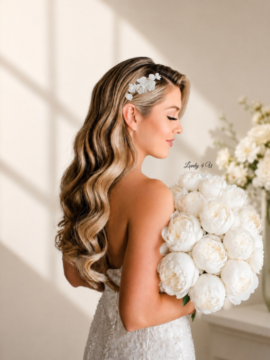 Diadema cu flori, peony accesorii, bijuterii cu flori bujori, tiara cu flori, pieptan voal mireasa cu flori, accesorii lovely 4 u , accesorii 2023, agrafa par mireasa, accesorii par nunta, accesoriu de par lateral, bijuterii [3]