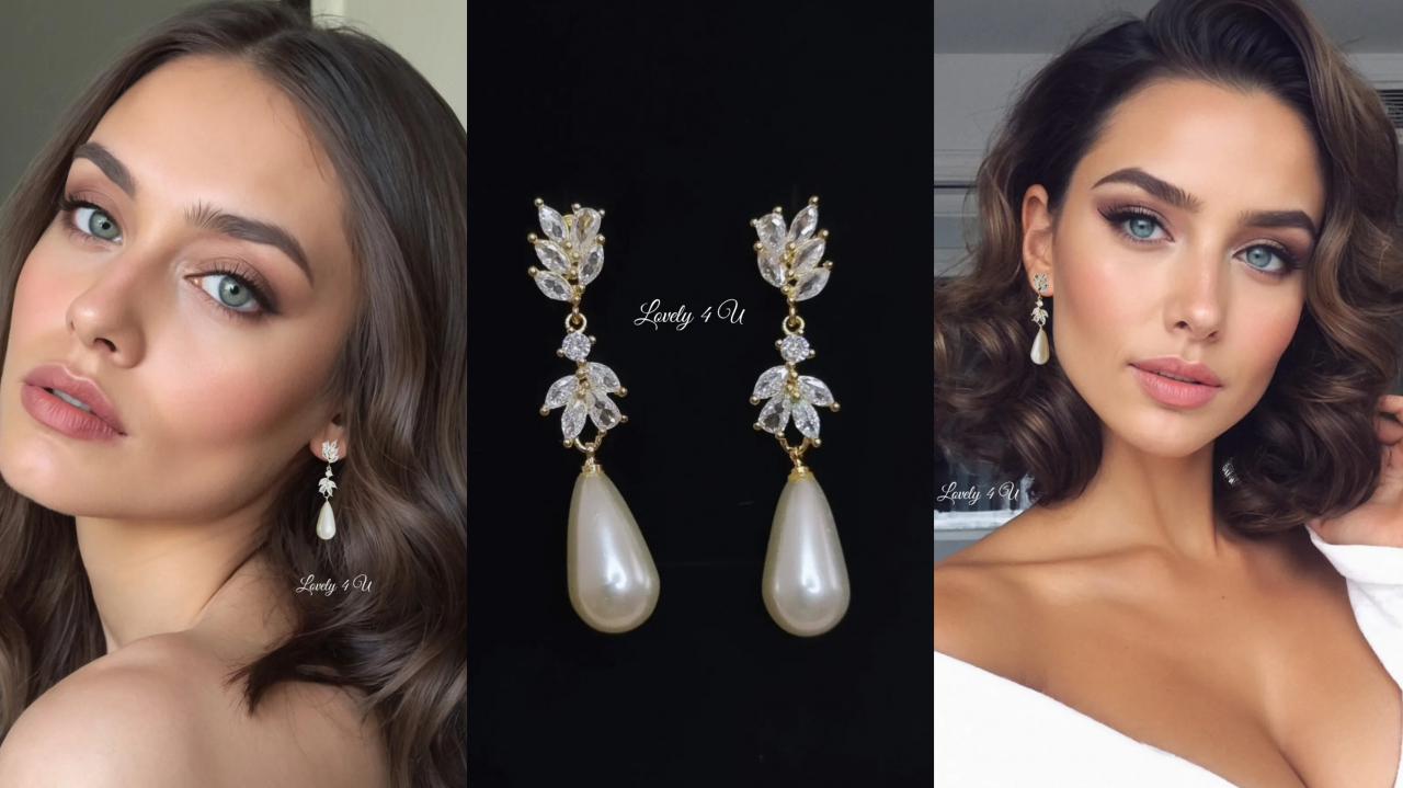 Cercei mireasa, cercei perle picatura, cercei lungi mireasa cu perle, cercei argint mireasă, cercei cu pietre zirconiu, cercei aurii, cercei lacrima, cercei handmade, Lovely 4 U, bijuterii mireasa, set bijuterii mireasa, perle ivory [7]