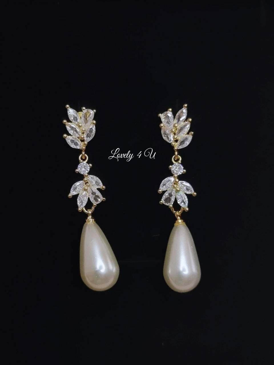 Cercei mireasa, cercei perle picatura, cercei lungi mireasa cu perle, cercei argint mireasă, cercei cu pietre zirconiu, cercei aurii, cercei lacrima, cercei handmade, Lovely 4 U, bijuterii mireasa, set bijuterii mireasa, perle ivory [2]