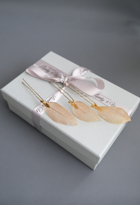 Accesorii aurii mireasa AMA  - Set agrafe cu frunze aurii si cristale Swarovski, fir placat cu aur - accesorii nunta / eveniment, mireasa / nasa Bijuterii handmade in Roamania [4]