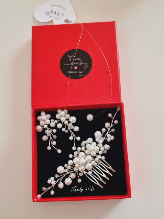 Set accesorii mireasa  IRINA, Diadema mireasa, cercei și colier, diadema cu perle, set bijuterii mireasa perle albe [2]