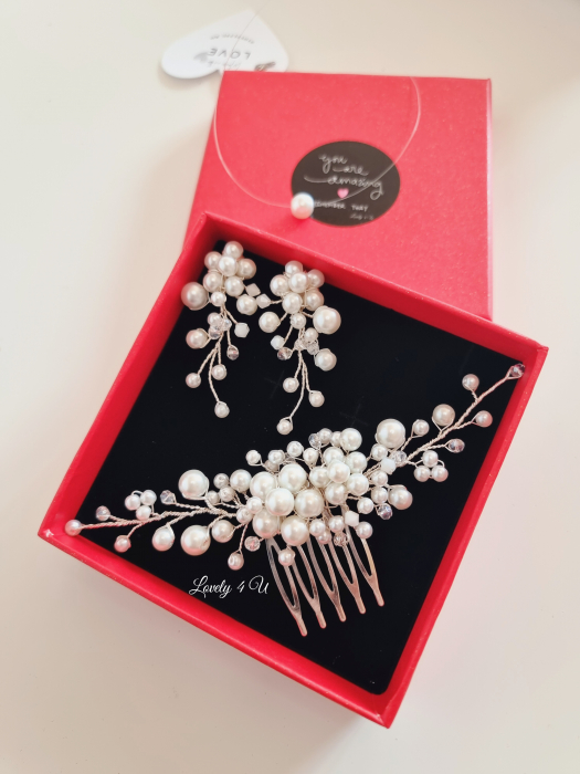 Set accesorii mireasa  IRINA, Diadema mireasa, cercei și colier, diadema cu perle, set bijuterii mireasa perle albe [3]