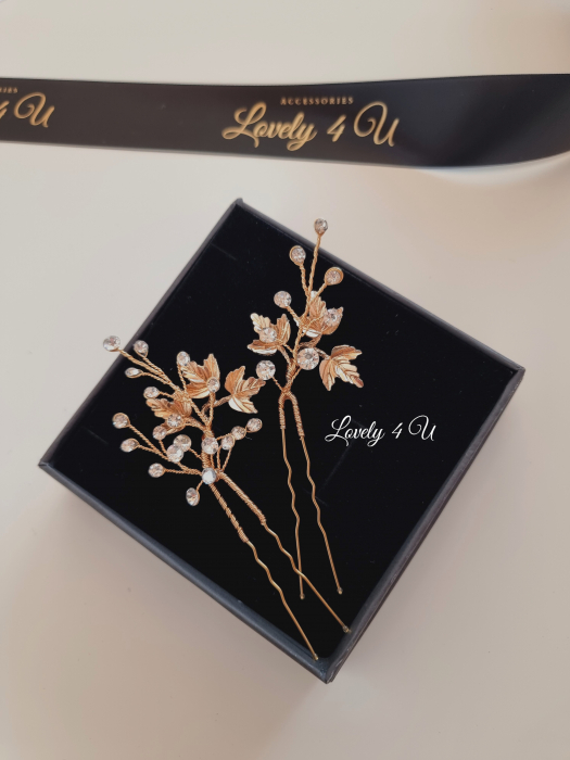 set agrafe placate cu auri, agrafe premium mireasa, accesorii handmade in romania, accesorii lovely 4 u, frunze aurii, diadema mireasa , pin coc mireasa, coafuri mireasa coc, agrafa cu pietre, set bijuterii mireasa, decoratiune par mireasa, coc mireasa cu diadema, [2]