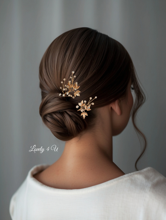 set agrafe placate cu auri, agrafe premium mireasa, accesorii handmade in romania, accesorii lovely 4 u, frunze aurii, diadema mireasa , pin coc mireasa, coafuri mireasa coc, agrafa cu pietre, set bijuterii mireasa, decoratiune par mireasa, coc mireasa cu diadema, [3]