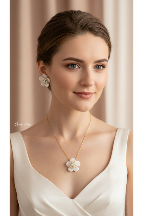 set cercei și lănțișor, accesorii handmade, bijuterii cu flori, perle și cristale Swarovski, floare lut polimeric, fir metalic placat cu aur, lanț placat cu aur, colier fir transparent, pandantiv detașabil, bijuterii unicat, atelier Timișoara, accesorii mireasă, cadou femei, bijuterii elegante, accesorii florale, bijuterii lux handmade, bijuterii personalizate, bijuterii de ocazie, flori ivoire handmade [7]