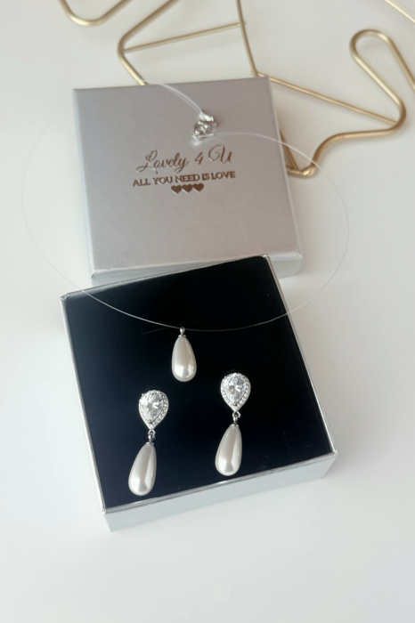 Set Bijuterii Mireasă AVIELLE– Cercei cu Perle picătura cu pietre Cubic Zirconia & Colier cu Fir Invizibil, Perlă Plutitoare [2]