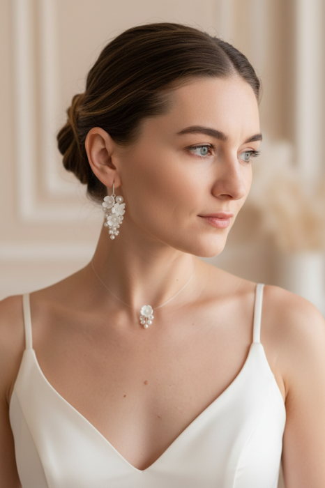 Set bijuterii mireasă LORENA – cercei eleganți și colier invizibil | Handmade România [5]