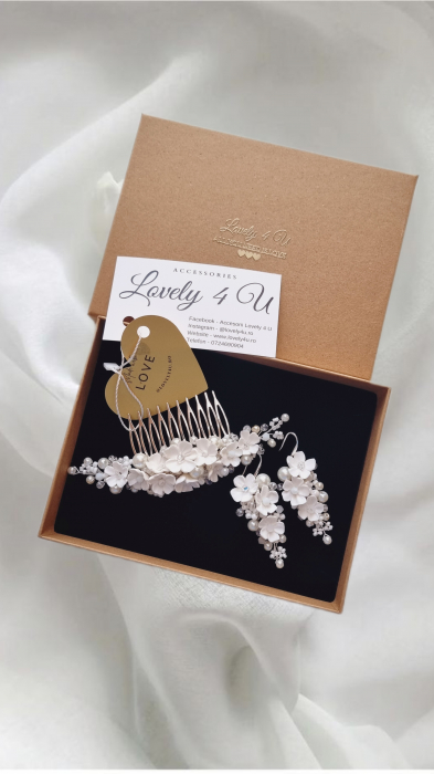 Set mireasă LORENA – Diademă și cercei handmade cu flori și perle, placare argint, LOVELY 4 U [6]