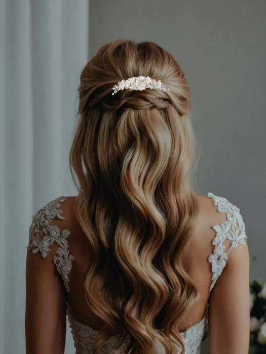Set mireasă LORENA – Diademă și cercei handmade cu flori și perle, placare argint, LOVELY 4 U [2]
