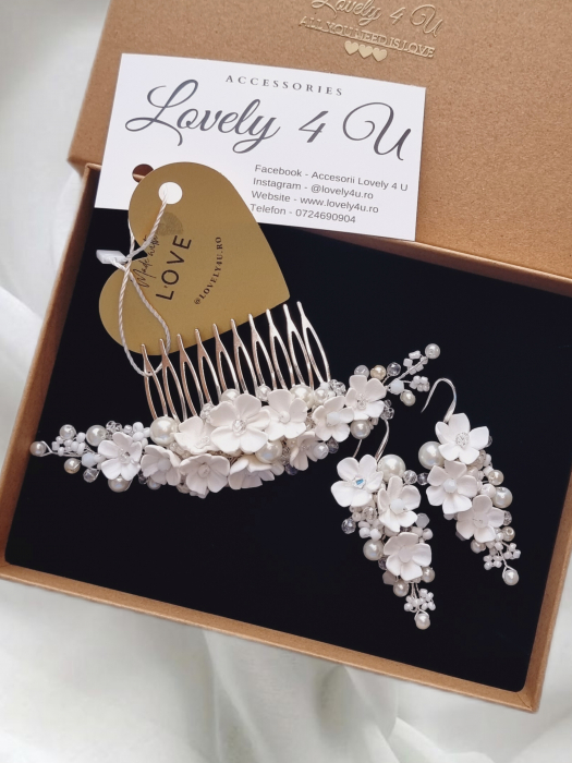 Set mireasă LORENA – Diademă și cercei handmade cu flori și perle, placare argint, LOVELY 4 U [5]
