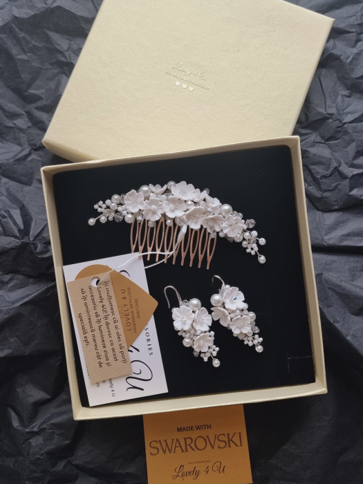 Set mireasă LORENA – Diademă și cercei handmade cu flori și perle, placare argint, LOVELY 4 U [10]