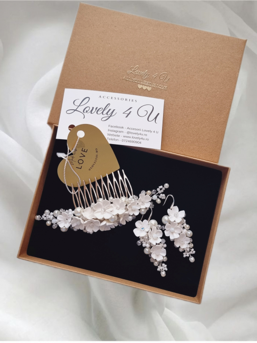 Set mireasă LORENA – Diademă și cercei handmade cu flori și perle, placare argint, LOVELY 4 U [3]
