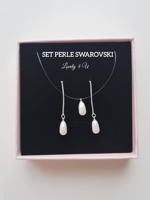 Perle Swarovski, lacrimă, picătură, perle alungite, set bijuterii mireasa, cercei lungi argint, colier invizibil cu perla Swarovski, cercei perle Swarovski, cercei eleganți, accesorii handmade Romania [2]