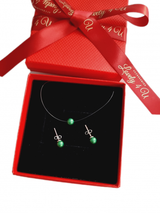 SET CERCEI SI COLIER MIREASA, SET perle verzi, COLIER SWAROVSKI cu perle verzi, COLIER verde fir transparent,  Choker cu perla, Choker, Colier transparent Swarovski, Bijuterii mireasa, Cercei mici cu perle Swarovski, CERCEI [2]