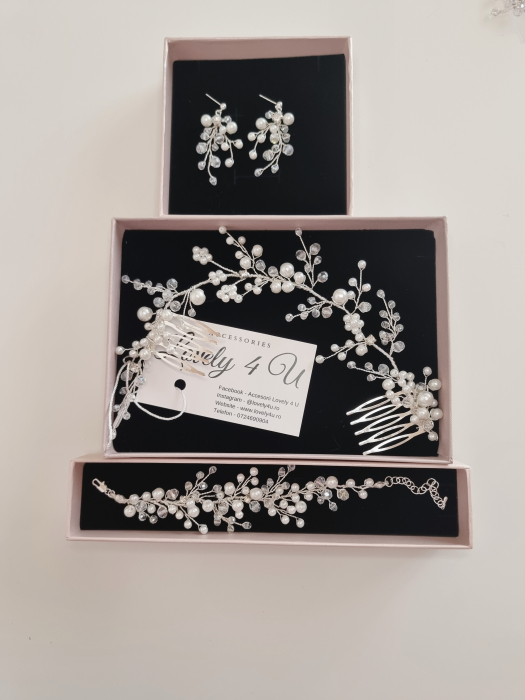 set bijuterii mireasa, set diadema si cercei mireasa, set diadema cercei si bratara cu perle, cercei mireasa cu perle, set accesorii nunta, set bijuterii nunta, bratara mireasa cu perle albe, set argintiu mireasa cu perle , cercei lungi mireasa, bratara mireasa [13]
