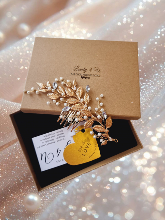 Accesoriu mireasa stil grecesc, Bijuterii par stil grecesc, Diadema stil grecesc, Accesorii mireasa cu frunze, frunze aurii, Agrafa par mireasa, Agrafa stil grecesc, Mireasa 2024, Accesorii Lovely 4 U, frunze aurii, perle , fir metalic placat cu aur [2]